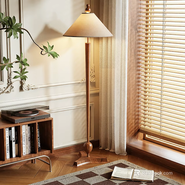 Elegant Wooden Floor Lamp with Green Plant Bookshelf and Window Blinds in Living Room Interior 3d model 