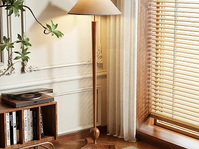 Elegant Wooden Floor Lamp with Green Plant Bookshelf and Window Blinds in Living Room Interior 3d model