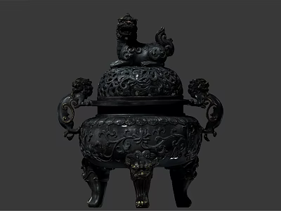 Black Classical Ornamental Decorative Set With Lion Lid Dragon Handles And Carved Patterns 3d model