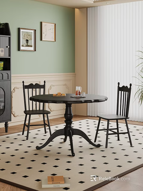 Black Round Dining Table and Chairs with Green Wall Patterned White Wall and Checkered Rug 3d model