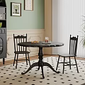 Black Round Dining Table and Chairs with Green Wall Patterned White Wall and Checkered Rug 3d model
