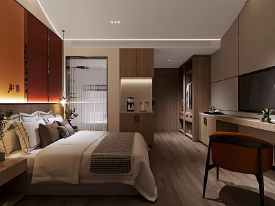 Modern Hotel Room Interior With Comfortable Bed TV Wooden Cabinets And Work Desk 3d model