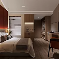 Modern Hotel Room Interior With Comfortable Bed TV Wooden Cabinets And Work Desk