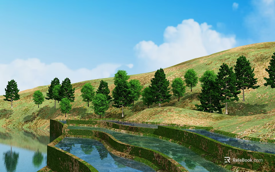 Scenic Natural Landscape With Green Hills Lush Trees Terraced Water Blue Sky And Clear Reflections 3d model 
