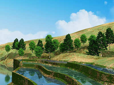 Scenic Natural Landscape With Green Hills Lush Trees Terraced Water Blue Sky And Clear Reflections 3d model