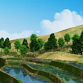 Scenic Natural Landscape With Green Hills Lush Trees Terraced Water Blue Sky And Clear Reflections