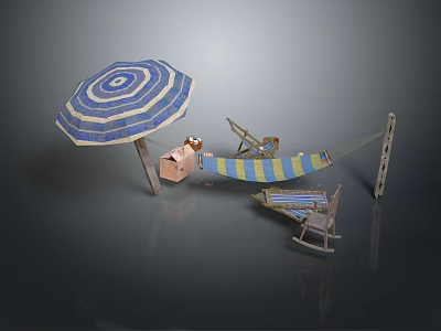 Relaxing Outdoor Hammock Setup With Blue White Striped Umbrella And Deck Chairs 3d model