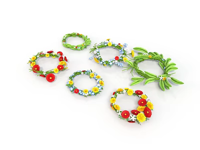 Decorative Flower Wreaths With Green Leaves And Red Yellow Blue Flowers 3d model