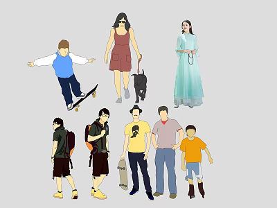 Group of People Including Skateboarder Walking Dog and Individuals in Various Outfits With Backpacks 3d model