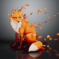 Orange White Fox Sitting On Black Background With Falling Leaves And Reflection 3d model
