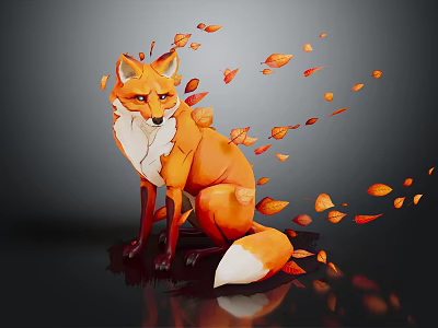 Orange White Fox Sitting On Black Background With Falling Leaves And Reflection 3d model