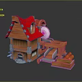 Wooden Building With Red Roof Water Mill Wheel And Mechanical Conveyor Detailed Design