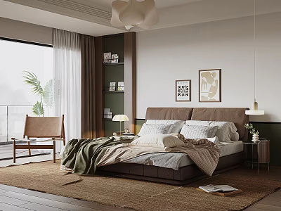 Cozy Modern Bedroom Interior with Comfortable Bed Nightstand Lamp Decorative Paintings and Area Rug 3d model