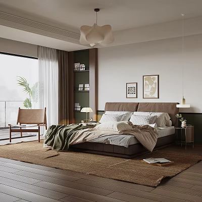 Cozy Modern Bedroom Interior with Comfortable Bed Nightstand Lamp Decorative Paintings and Area Rug 3d model