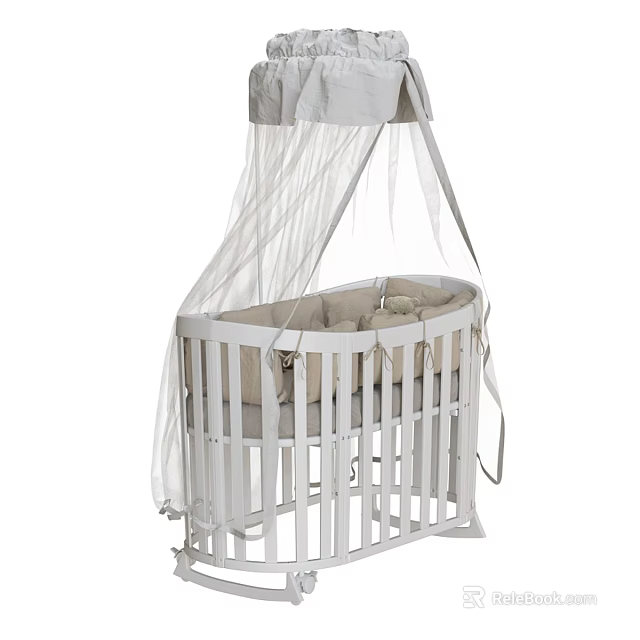 White Wooden Baby Crib With Canopy And Soft Mattress For Newborn 3d model 