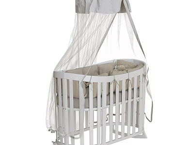White Wooden Baby Crib With Canopy And Soft Mattress For Newborn 3d model