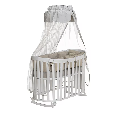 White Wooden Baby Crib With Canopy And Soft Mattress For Newborn 3d model