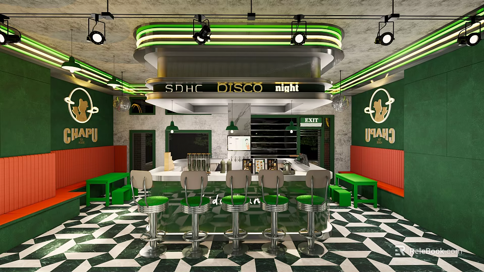 Bubble Tea Shop Interior Featuring Green Black Decor Neon Signage Checkerboard Floor And High Stools 3d model 