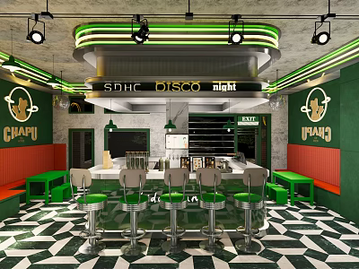 Bubble Tea Shop Interior Featuring Green Black Decor Neon Signage Checkerboard Floor And High Stools 3d model
