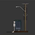 Urban Bus Stop Shelter With Utility Pole And Overhead Power Lines
