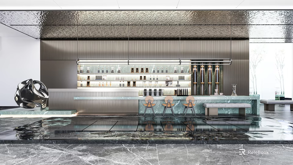 Elegant Modern Open Kitchen Interior Design With Marble Island And Cabinets 3d model