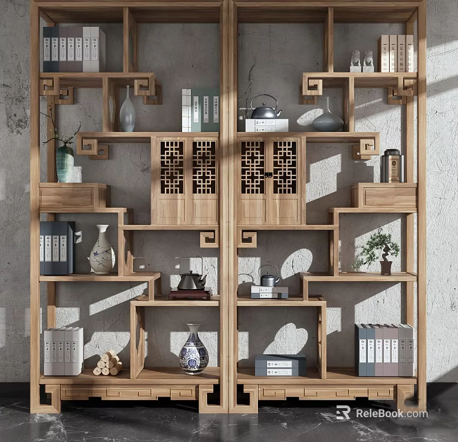 Chinese Style Wooden Antique Shelf With Books Vases Tea Sets And Carved Lattice Panels 3d model 