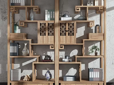 Chinese Style Wooden Antique Shelf With Books Vases Tea Sets And Carved Lattice Panels 3d model