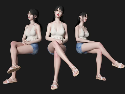 Women Sitting In Poses Wearing White Tank Tops Blue Denim Shorts Sandals On Black Background 3d model