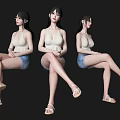 Women Sitting In Poses Wearing White Tank Tops Blue Denim Shorts Sandals On Black Background