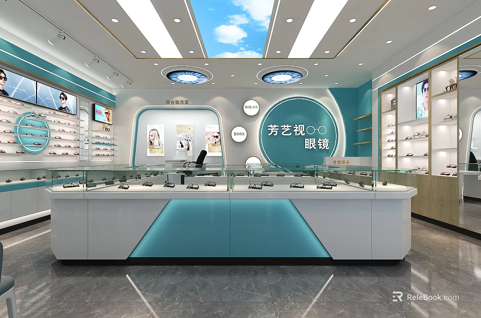 Modern Bright Optical Store Interior Design With Glass Counter Display Shelves And Spectacles 3d model 
