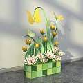 Vibrant Floral Display Design With Yellow Butterfly Decor Green Checkered Base And White Yellow Flowers