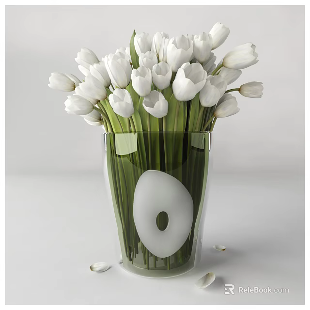 Transparent Vase With White Tulips And White Oval Decoration On White Background With Scattered Petals 3d model 