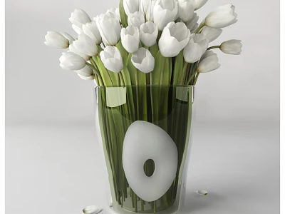 Transparent Vase With White Tulips And White Oval Decoration On White Background With Scattered Petals 3d model