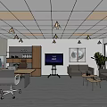 Modern Office Interior With Open Layout Workstations Sofa TV Greenery Bookshelf And Projector Screen 3d model