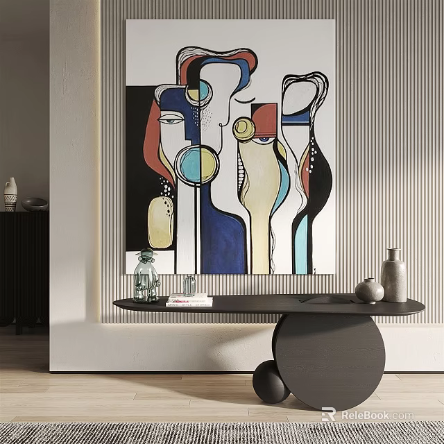 Modern Interior With Abstract Wall Art Black Table And Decorative Vases 3d model