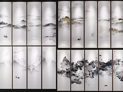 Traditional Chinese Ink Wash Landscape Paintings On Multi Panel Screens With Mountains Boats And Clouds 3d model