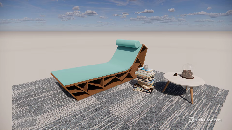Light Blue Lounge Chair with Wooden Frame Side Table Books and Hat on Carpet 3d model 