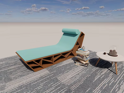 Light Blue Lounge Chair with Wooden Frame Side Table Books and Hat on Carpet 3d model