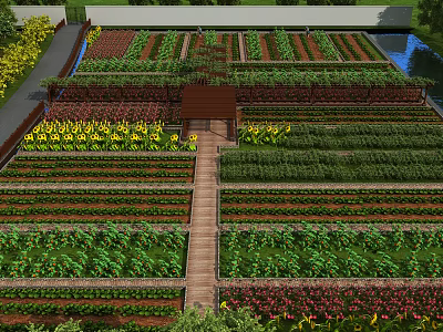 Garden Landscape Featuring Neatly Arranged Planting Beds Wooden Pathway Pavilion Pond And Yellow Flowers 3d model