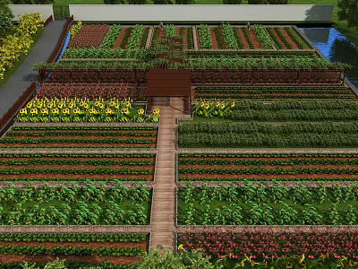 Garden Landscape Featuring Neatly Arranged Planting Beds Wooden Pathway Pavilion Pond And Yellow Flowers 3d model