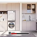Modern Open Kitchen Interior With White Cabinets Marble Countertop And Washing Machine 3d model