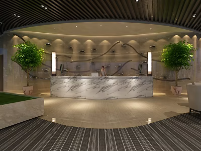 Elegant Modern Sales Center Interior Featuring Marble Reception Desk Green Plants And Ambient Lighting 3d model