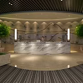 Elegant Modern Sales Center Interior Featuring Marble Reception Desk Green Plants And Ambient Lighting
