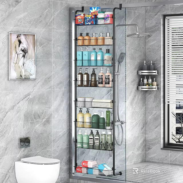 Modern Bathroom Set With Shower Head Metal Storage Shelves And Toiletries On Gray Tile Wall 3d model 