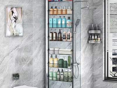 Modern Bathroom Set With Shower Head Metal Storage Shelves And Toiletries On Gray Tile Wall 3d model