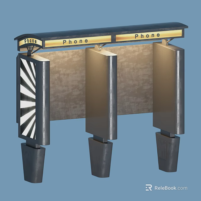 Public Phone Booth With Illuminated Top Metal Structure And Stone Background 3d model 