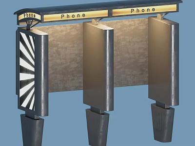 Public Phone Booth With Illuminated Top Metal Structure And Stone Background 3d model