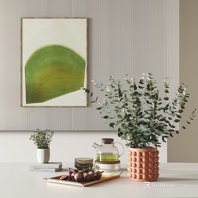 Stylish Decorative Ornament Combination With Green Plants Terracotta Pot Painting Glass Teapot And Books 3d model 