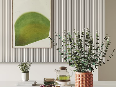 Stylish Decorative Ornament Combination With Green Plants Terracotta Pot Painting Glass Teapot And Books 3d model