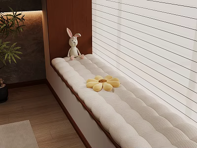 Cozy Window Seat Interior With Rabbit Doll And Yellow Flower Cushion 3d model
